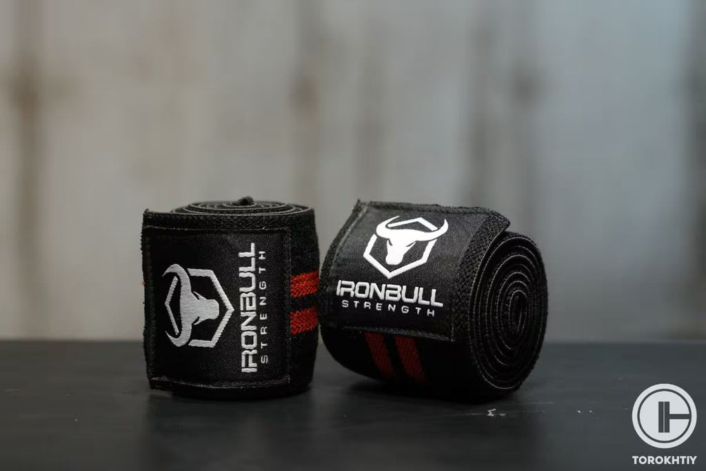 Iron Bull Strength Elbow Wraps in use
